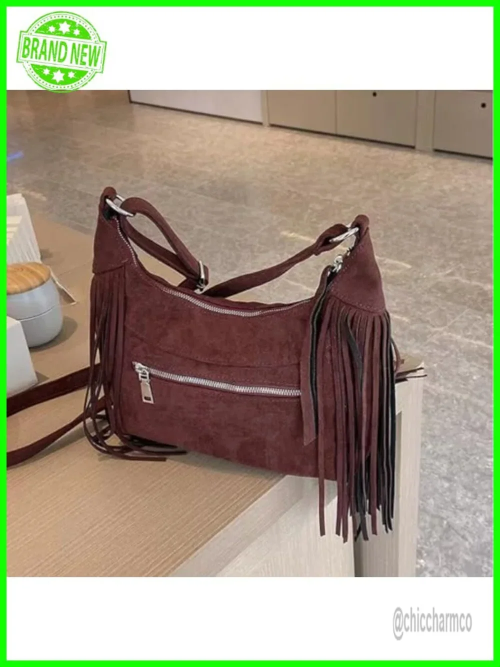 Vegan Suede Fringe Crossbody Hobo Bag with Tassel
